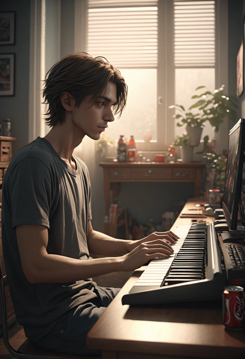 a skinny man with long brown hair, typing on a keyboard with a can of soda nearby, incel, in his bedroom, intricate details, highly detailed, photorealistic, cinematic lighting, dramatic shadows, moody atmosphere, muted color palette, depth of field, (best quality,4k,8k,highres,masterpiece:1.2),ultra-detailed,(realistic,photorealistic,photo-realistic:1.37)