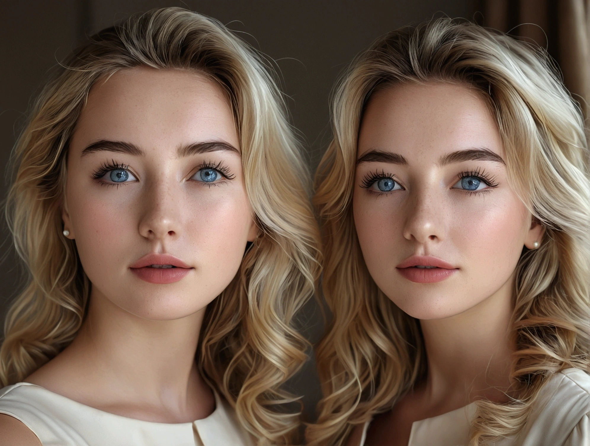 (Best Quality,realist),(2girls 25 years old:1.1,),(detailed eyes), (detailed lips), (long eyelashes), (standing, Whole body, executive dress)(portrait),( Soft lighting), (natural colors)