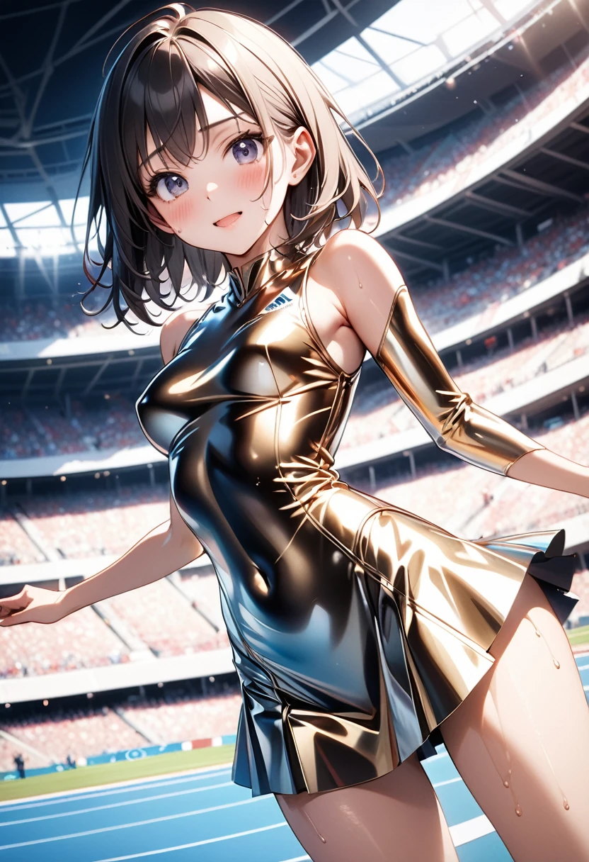 Female Olympians,(((Athletes' Metallic uniforms), (skirt))), (Navel), skindentation, skinny, solo, 1 woman, Masterpiece, highest quality, highest quality, 16K, incredibly absurd, highly detailed, 2.5D, ai-generated, delicate and dynamic, very delicate facial expressions, delicate eye depiction, erotic, only sexy woman, ((A cute and kind face)), healthy figure, ((25-year-old woman)), 160cm tall, medium firm swaying bust, blush, Sweat,Embarrassed,sexy, ((thin thighs)), (camel toe:0.7), (visible nipples:0.5), (Erect nipples,:0.7), shiny and lustrous, facing straight at viewer, (((in heat))), ((Oily_skin)), ((dutch angle)), ((erotic pose)), ((one keene)), Athletics stadiums and Olympic venues on sunny days,