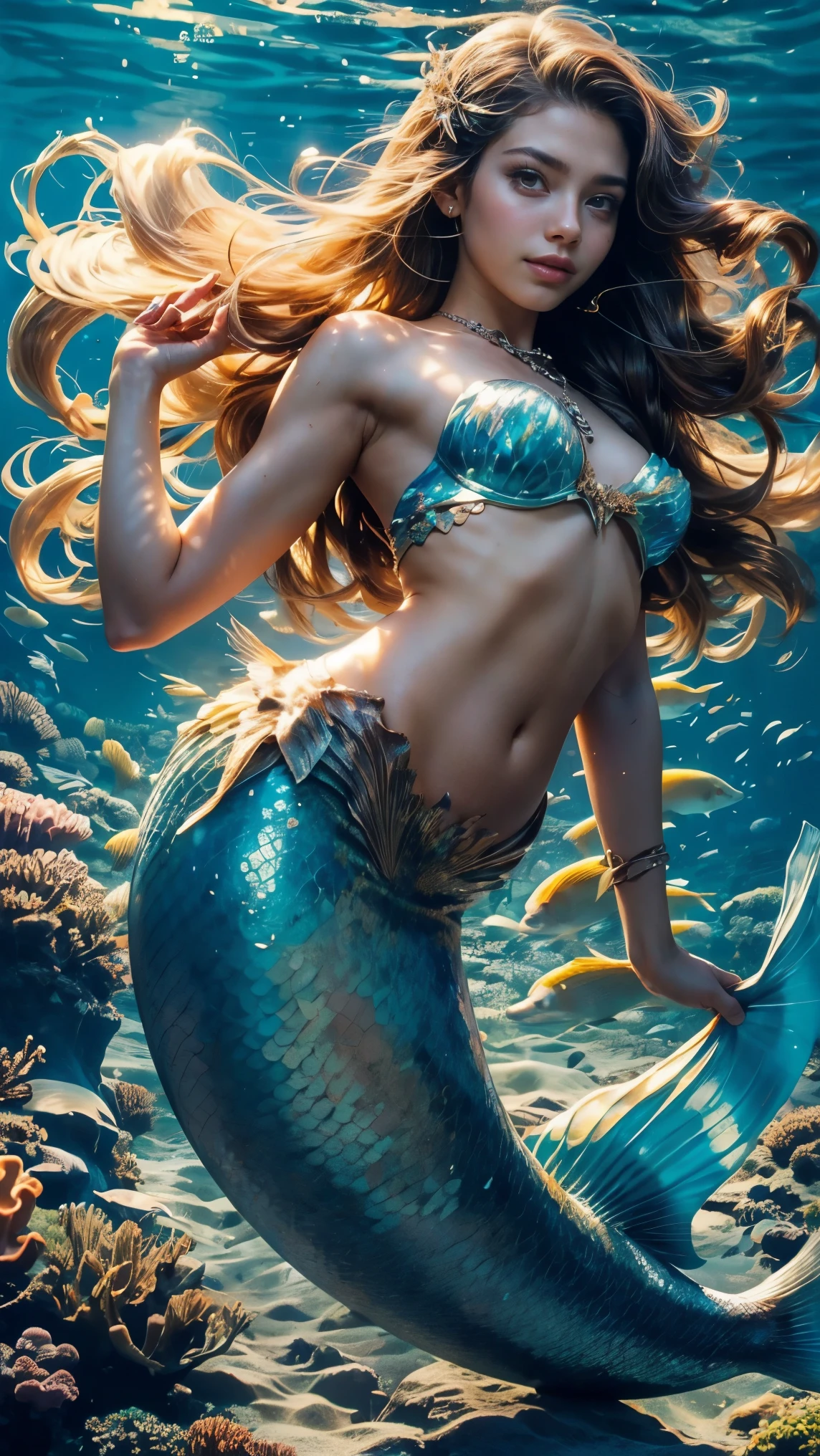 expressive hair, curly hair, long hair, expressive hair, shell hair ornament, light smile, expressive hair, naughty face, anime, sparkle, ray tracing, UHD, retina, super detail, textured skin, masterpiece, accurate, high details, best quality, high quality, Mermaid, mermaid princess, (The lower half of the body is a fish tail), belly button exposed, swimming in the sea, Diving into the deep sea, in the sea