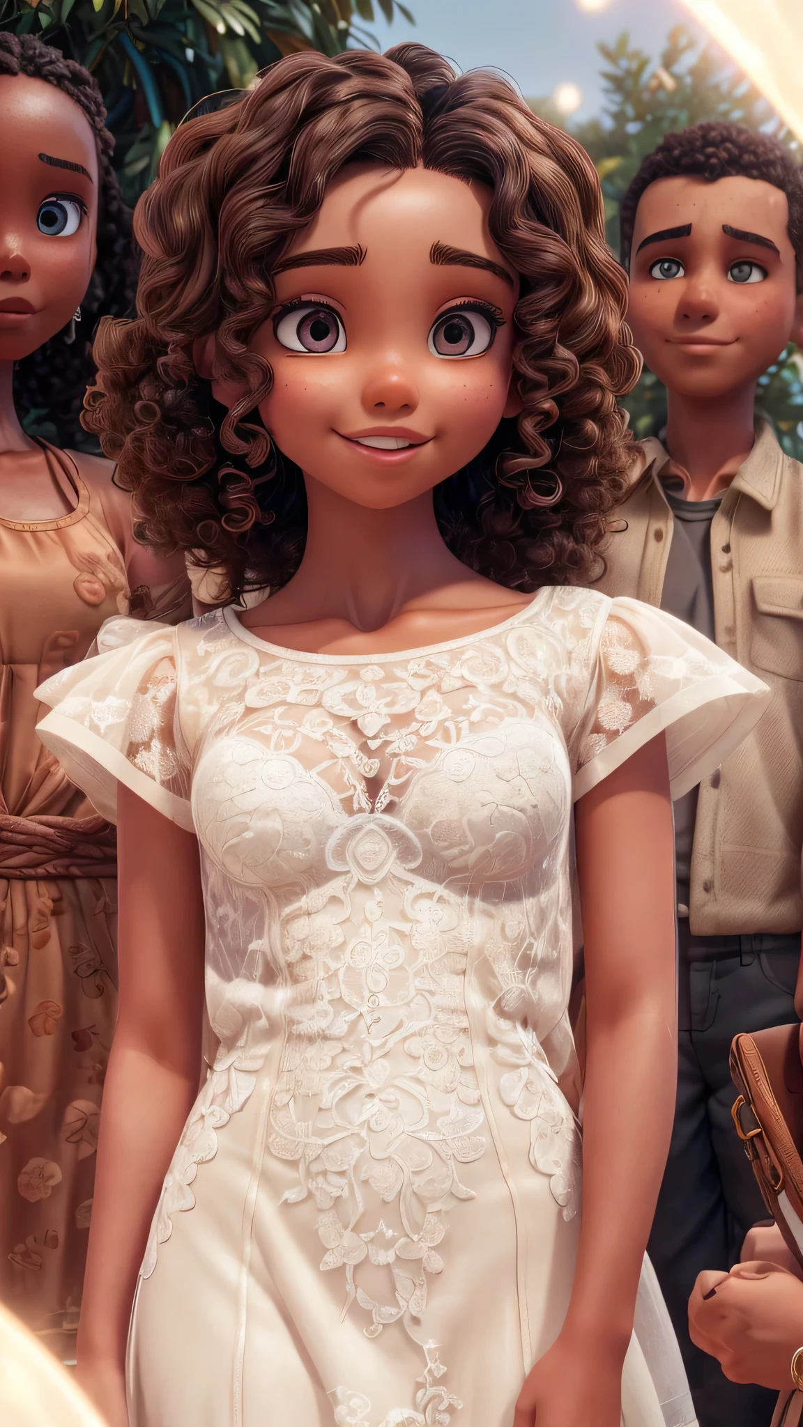 Beautiful girl,  Brunette with curly hair (dark hair) extremely cute,  Amazing face and eyes,  (beautiful beautiful lace dress),  (slenderbody:1.1),  Authentic leather texture,  bright and shiny lips,  (camel toe details:1.2),  beautiful background,  golden ratio,  conceptual artwork,  super detaill,  precise,  High details,  anatomically correcte,  plein-air, Surrounded by beautiful sunsets,  dazzling lights,  Super delicate illustration details,  Highly detailed CG integrated 8k wallpapers,  RAW Photos,  professional photograpy,  cinematic lighting,  Super beautiful illustrations,  DeepL,  DeepL de campo, (view from the bottom)