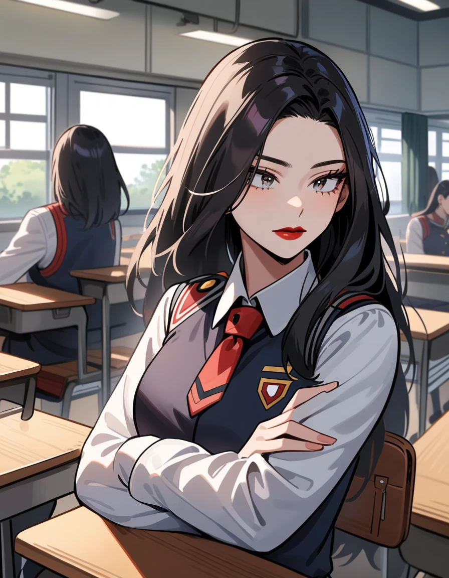 A beautiful woman, red lips, long black hair, my hero academia, UA uniform, cleaveage, classroom.