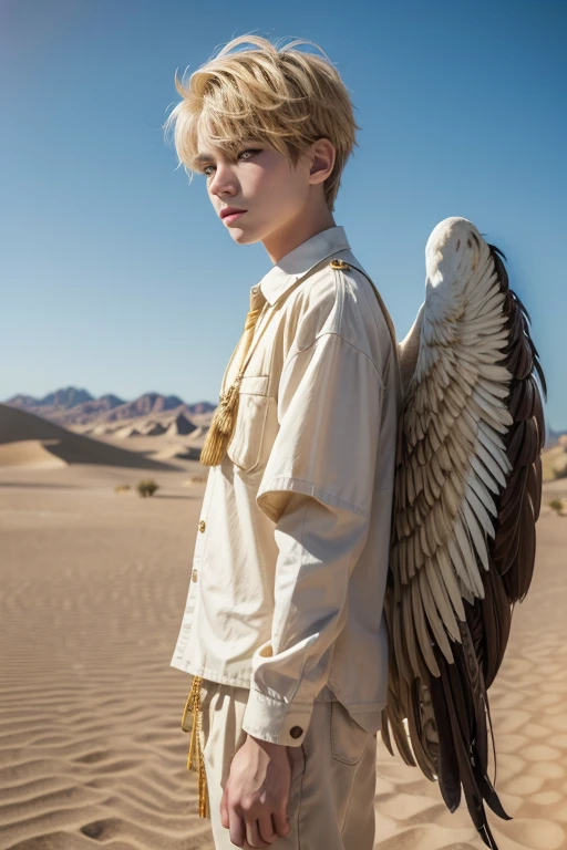 17 year old boy with wings (similar to a bird, with golden and white feathers), selling, golden hair, experienced face, desert dwellers clothes