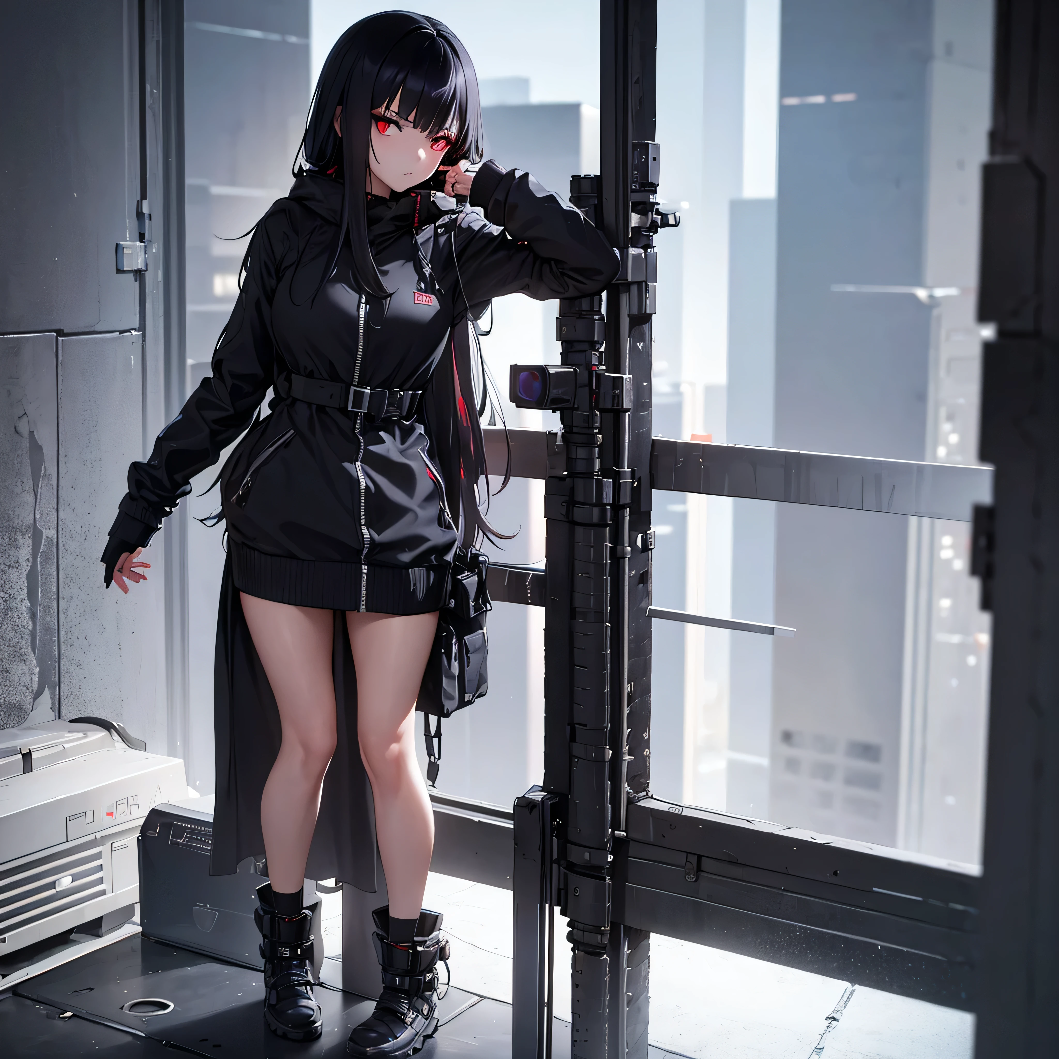 (best quality,realistic),smiling beautiful girl,black clothes,short shoulder-length hair,wearing goggles,sitting on a perfect staircase,anime style.