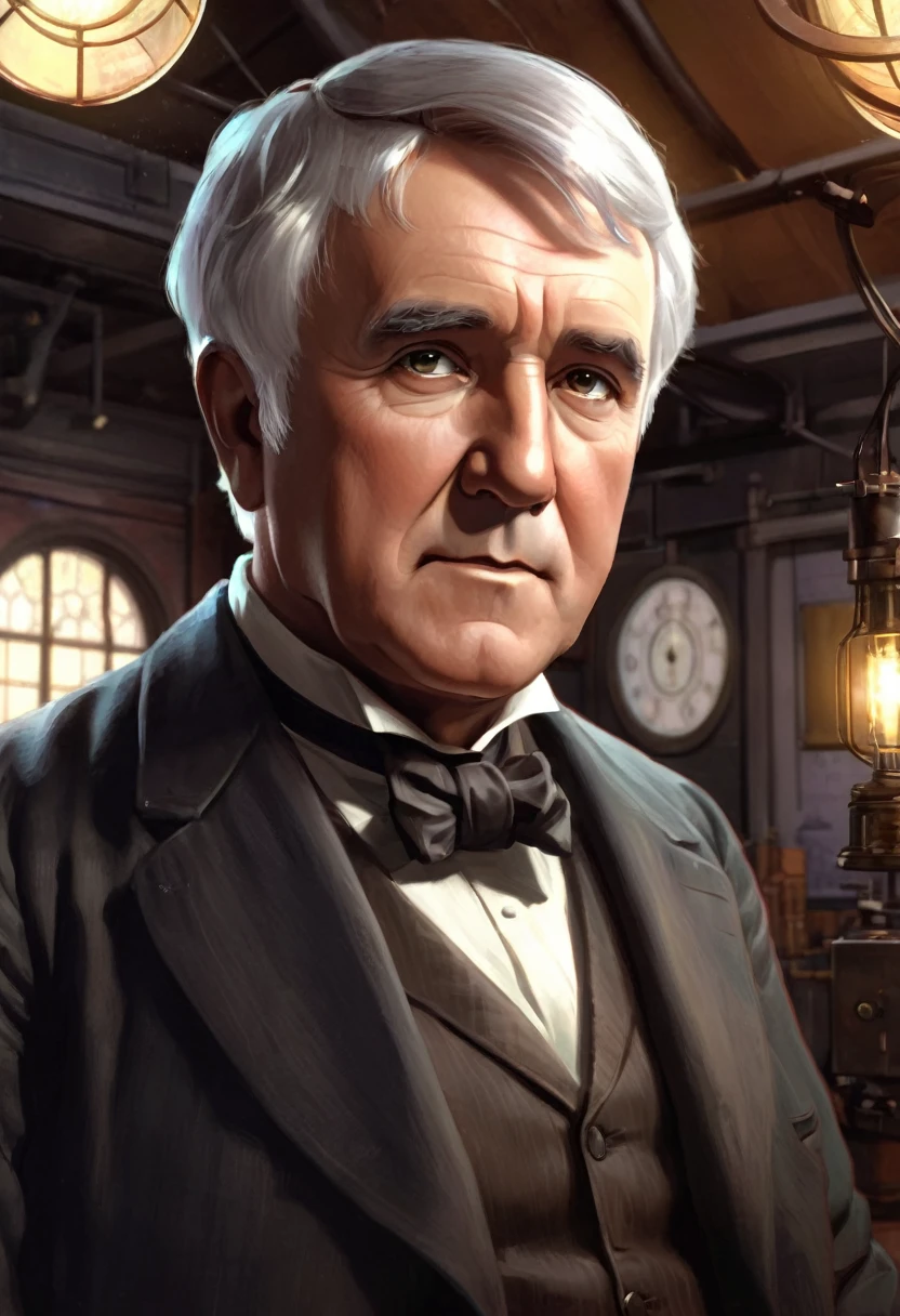 (translation:1.25), Illustration of Thomas Edison portrait, Art Station, CG_animation,