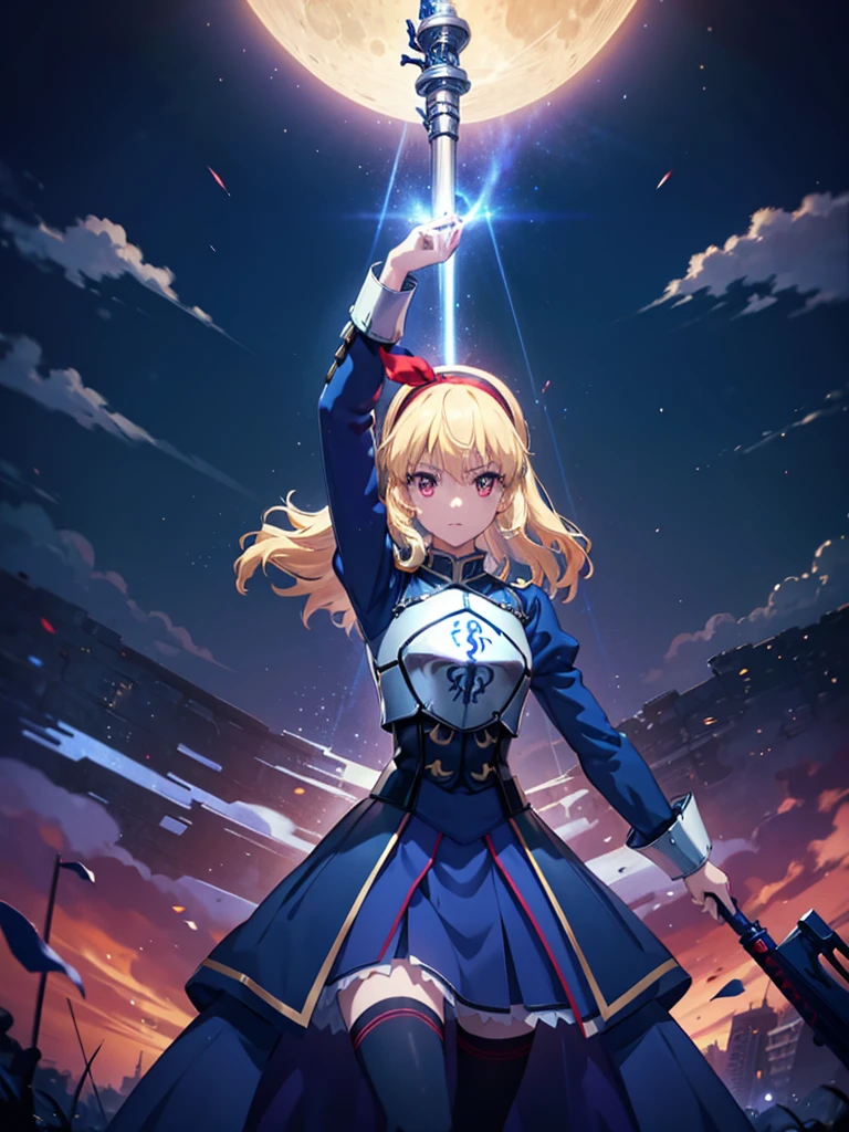 (red ribbon on hairband:1.2),(8K, best quality, muste piece:1.2)、ultra high resolution,1 very cute girl,hosimiya ichigo,ultra-detailed face, detailed eyes,RED eyes,masterpiece, best quality,1girl, , Full body shot, weapon, chain, very long hair, looking at viewer,(kbxll:0.5), Japanese Shrines, fantasy, bodysuit,city, energy ball, razer, lightning bolt, skirt, zettai ryouiki, Petrifying Demon Eye, dust-effect,Grain effect,Neon-light-effect, moon,tentacles,
artoria pendragon \(fate\), armor, dress, suit, excalibur \(fate/stay night\),
fighting stance, dinamic angle, sparks,shirt lift,battle,A grand city in the year 2100, wide shot, hyper realistic, Nausicaa Ghibl,