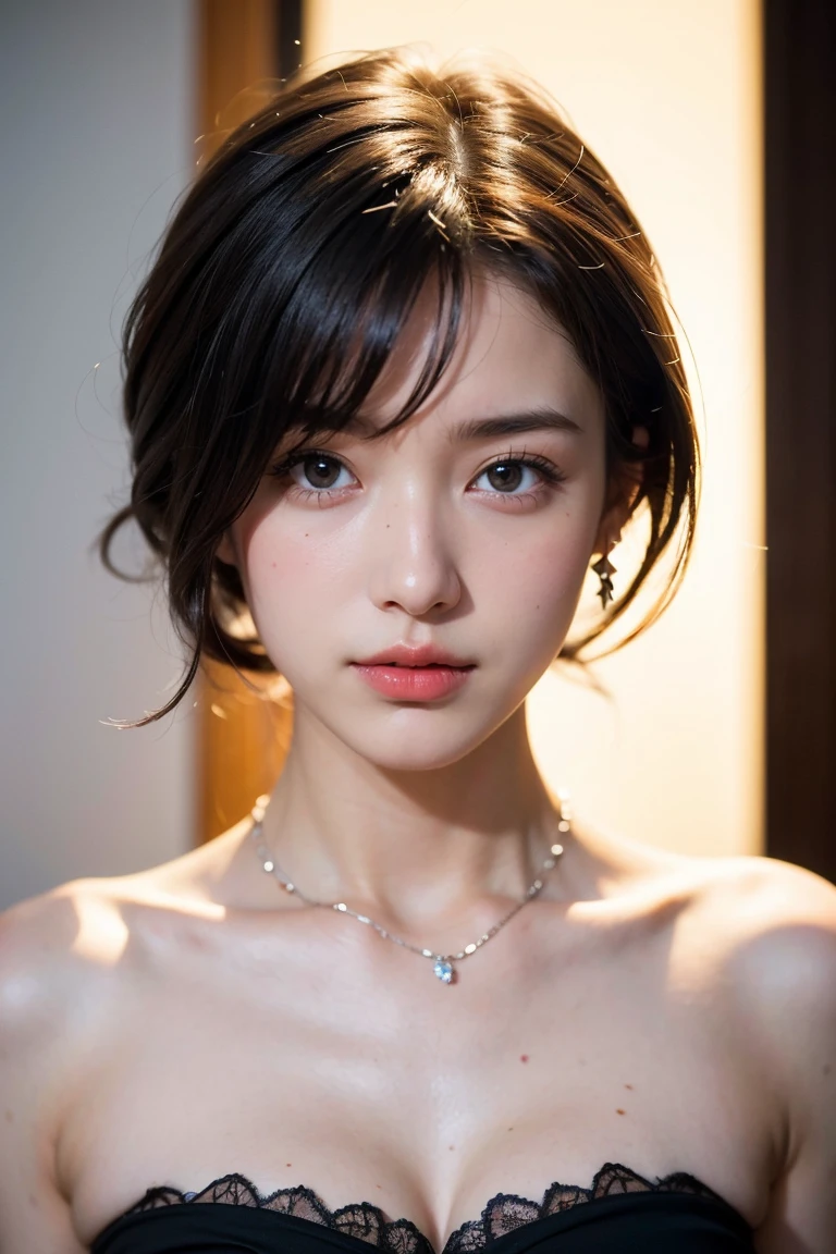 Height: 170cm, 30 years old、Pale face and eyes:1.3、Very thin face and eyes:1.3, (blown eyes:1.5)、{highest quality}, {{masterpiece}}, {very delicate and beautiful}, outstanding light and shadow, highly detailed wallpaper, clear 、1 girl, , blush, short bob hair, ( a strapless, form-fitting black lace dress that has intricate floral patterns. The dress features a sheer lace overlay that adds a touch of elegance and sensuality. The hem of the dress is designed with a delicate lace trim, and it appears to be knee-length or slightly longer、スーパーモデルの脚、ハイヒール), delicate hair, (realistic skin texture:1.3), saggy , cleavagnkles on the skin are noticeable., B cup, broad shoulders, ((ダイナミックなモデルポージング)), necklace、ring、earrings、smile、(front focus), (in the dark:1.6), Surrealist portraits of women by David Hockney and Alphonse Mucha, fantasy art, photo-realistic, dynamic lighting, art station, poster, volume lighting, highly detailed face, 4K, Awards, 1 girl, in the dark, deep shadow, discreet key, color々angle, color々expression、(((後ろ向きに四つん這い)))