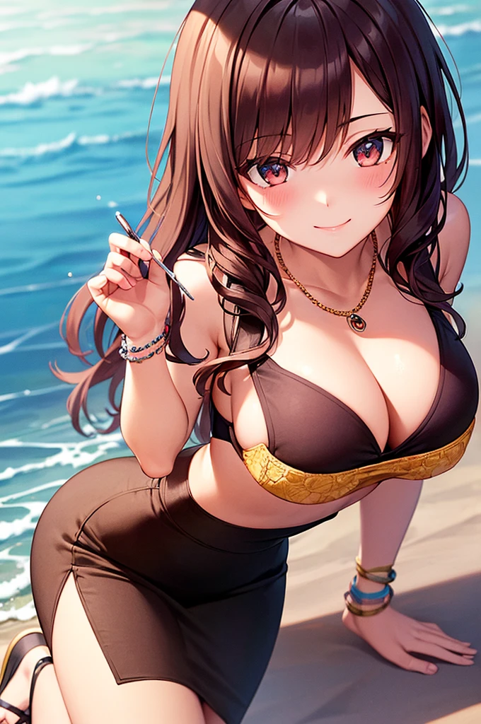 ((masterpiece, best quality, ultra-detailed)), 1girl, beautiful woman on the beach leaning forward, smiling, blush, wearing black beach bra and maxi pencil skirt, long pencil skirt, midriff, cleavage, necklace, bracelet, sandals, wavy red hair, summer, beach