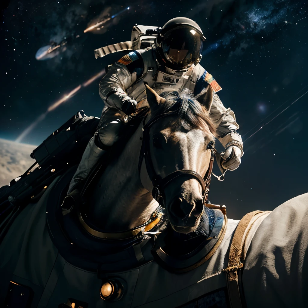 highly detailed astronaut riding a horse in space, beautiful detailed astronaut suit, extremely detailed space background with planets, stars, and galaxies, beautiful detailed horse, photorealistic, cinematic lighting, dynamic pose, dramatic atmosphere, bright colors, Volumetric lighting, Stunning 8K quality