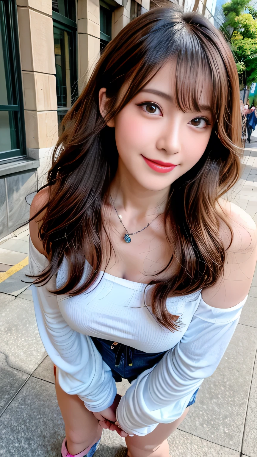 seed;88117315,((Full Body Angle))、((Front hair:1.3))、((Highest quality, 8k, masterpiece: 1.3)), concentrated: 1.2, Cute girl 1,Nipples erect、 Perfect beauty: 1.4,Summer off-the-shoulder cropped T-shirt、Letter Print、Shorts: 1.2,Long sleeve、Randall Color、comics&Text Graphics、Black ruffle-trimmed drawstring zip blouse,1.1, Highly detailed face and skin textures, Fine grain, double eyelid, whitening skin, ,Highest quality,Ultra-high resolution,you,1 girl,alone,_Shiny_skin,Iris,necklace,((brown_length_Wavy_hair)),(lips)),eyelash,Front hair,deal with,compensate,Shiny,pore,skin,Large Breasts、((smiling face))、stroll、Selfie、