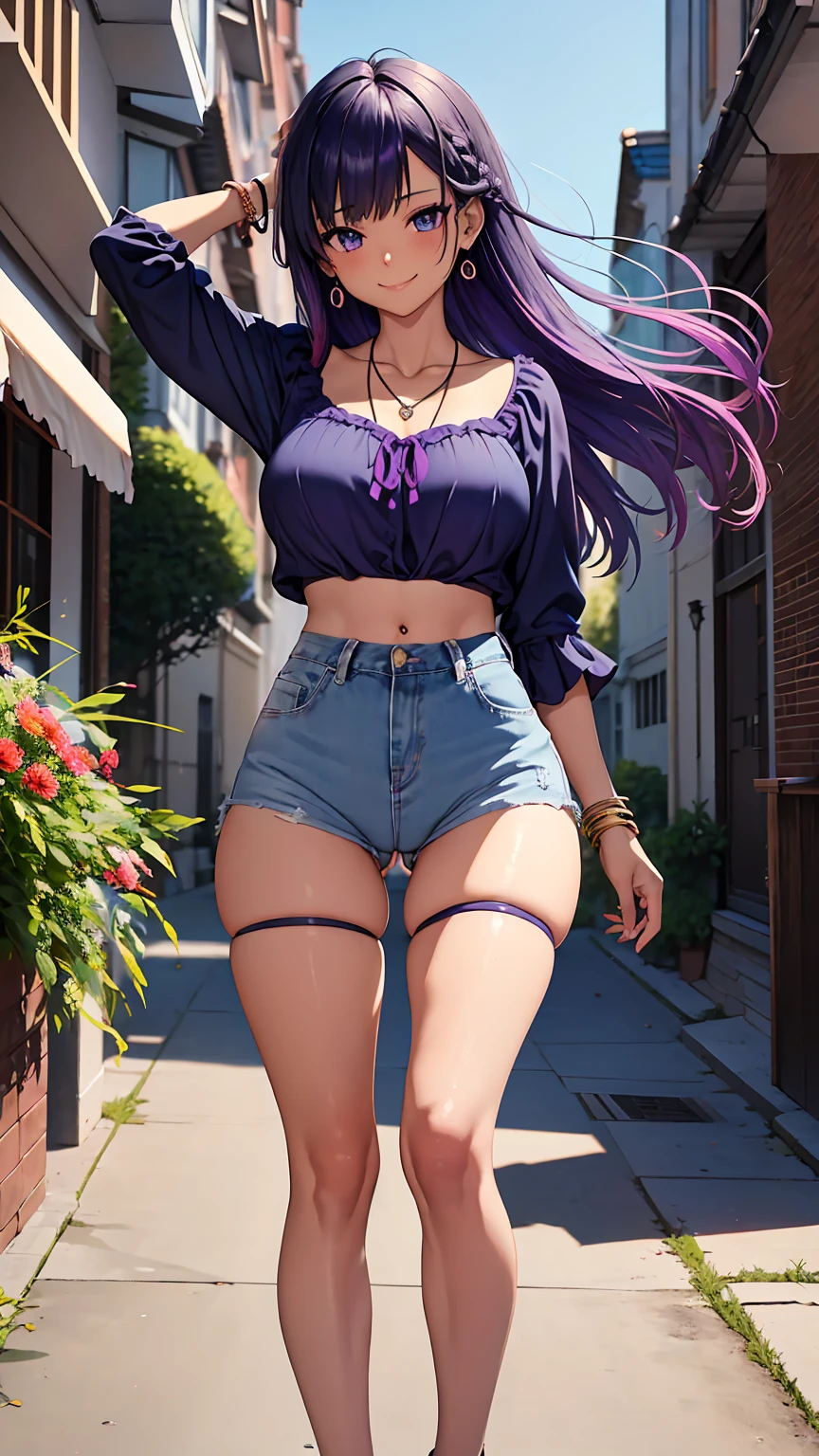 1girl, anime girl, anime, (dark skin), stylish girl, bracelet, necklace, earrings, 2d girl, 18y, (fullbody), standing, anime girl, seductive smile, (purple hair), flowing hair, hair flowing in the wind, ((darkblue blouse)), Solo, Slim, Big Breasts, Tight Shorts, low waist shorts, upshorts, outdoors, night background, flowers, looking at viewer, darker shadows, (((Wedgie))), (((explicit))), (((explicit))), (((shorts))), (((absurdres))), (((thigh gap))), (((cameltoe))), (((cleft of venus))), (((lowleg shorts))), (((innie pussy))), (((inniepussy))), (((innie_pussy)))