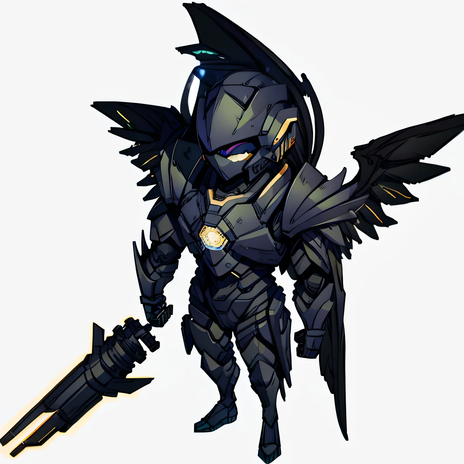 Robot, black armour, gold accents, Futuristic armor, wings in the ear, yellow lights.