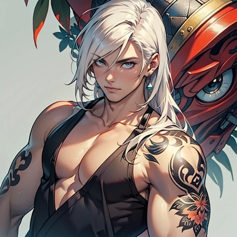 ((masterpiece)), (((best quality))), solo, 1 male, pale white skin, white hair, shoulder-length hair, straight hair, handsome young man, blue eyes, lean, tall, slender, detailed background of a japanese village, black tank top, intricate tattoos on both arms, simple earrings, highest quality, highly detailed, original, high resolution CG Unit 8k wallpaper, (best quality, artwork, masterpiece, 4k)
