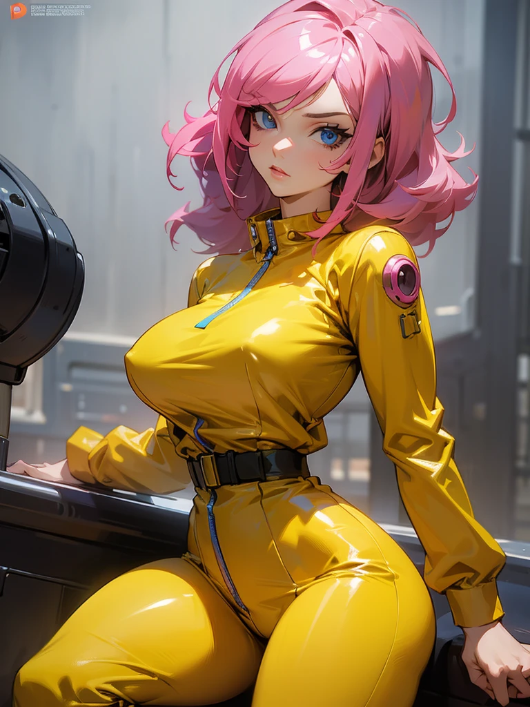Mature woman with serious look, Facial Focus, big pink hair, shining blue eyes, wearing a mustard yellow jumpsuit, breasts big, looking 35 years old, eye on the spectator, look to the camera, , the background is a cyberpunk battlefield, Free hands, thick-thighs, ((look ahead)), Masterpiece artwork,