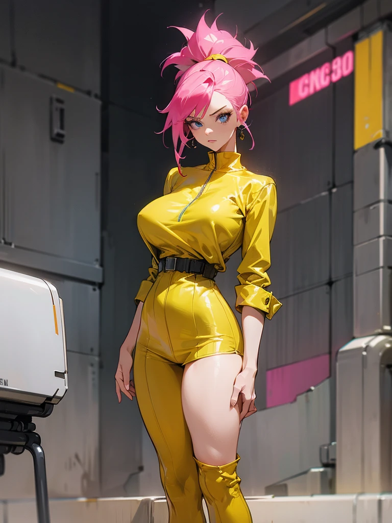 Mature woman with serious look, Facial Focus, big pink hair, shining blue eyes, wearing a mustard yellow jumpsuit, breasts big, looking 35 years old, eye on the spectator, look to the camera, , the background is a cyberpunk battlefield, Free hands, thick-thighs, ((look ahead)), Masterpiece artwork,
