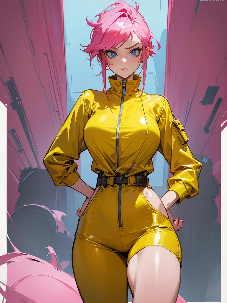 Mature woman with serious look, Facial Focus, big pink hair, shining blue eyes, wearing a mustard yellow jumpsuit, breasts big, looking 35 years old, eye on the spectator, look to the camera, , the background is a cyberpunk battlefield, Free hands, thick-thighs, ((look ahead)), Masterpiece artwork,
