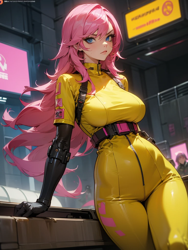Mature woman with serious look, Facial Focus, big pink hair, shining blue eyes, wearing a mustard yellow jumpsuit, breasts big, looking 35 years old, eye on the spectator, look to the camera, , the background is a cyberpunk battlefield, Free hands, thick-thighs, ((look ahead)), Masterpiece artwork, Cyberpunk war scenario, shooting machines, bio
