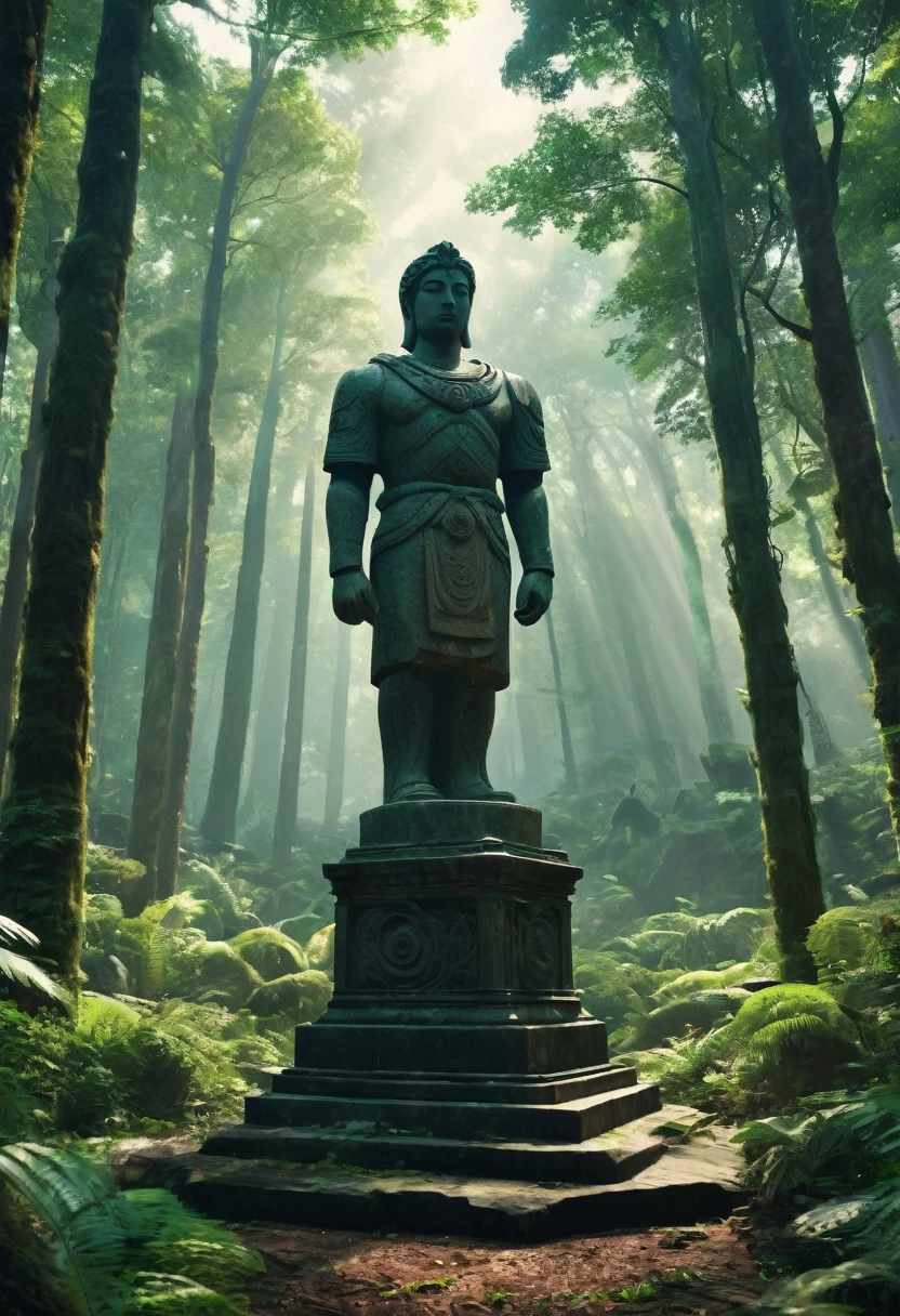 There is a stone statue in the middle of the forest, Virtual Unreal, プロモーションMovie stills, author:Simon de Vlieger, Remains, author:Victor Manuel Garcia Valdes, Aspect Ratio 16:9, PS3 Graphics Card, Quetzal, Movie stills, Movie stills, Inspired by James Cardenhead