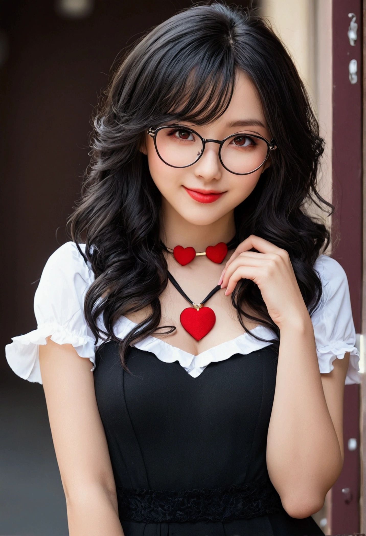 Fille anime, style, œil magnifique, long Cheveux noirs bouclés , Sexy, vêtements de style été, lèvres rouge naturel, mignonne, belle,rue, regard séduisant, souriante , porte des lunettes, collier en forme de coeur
