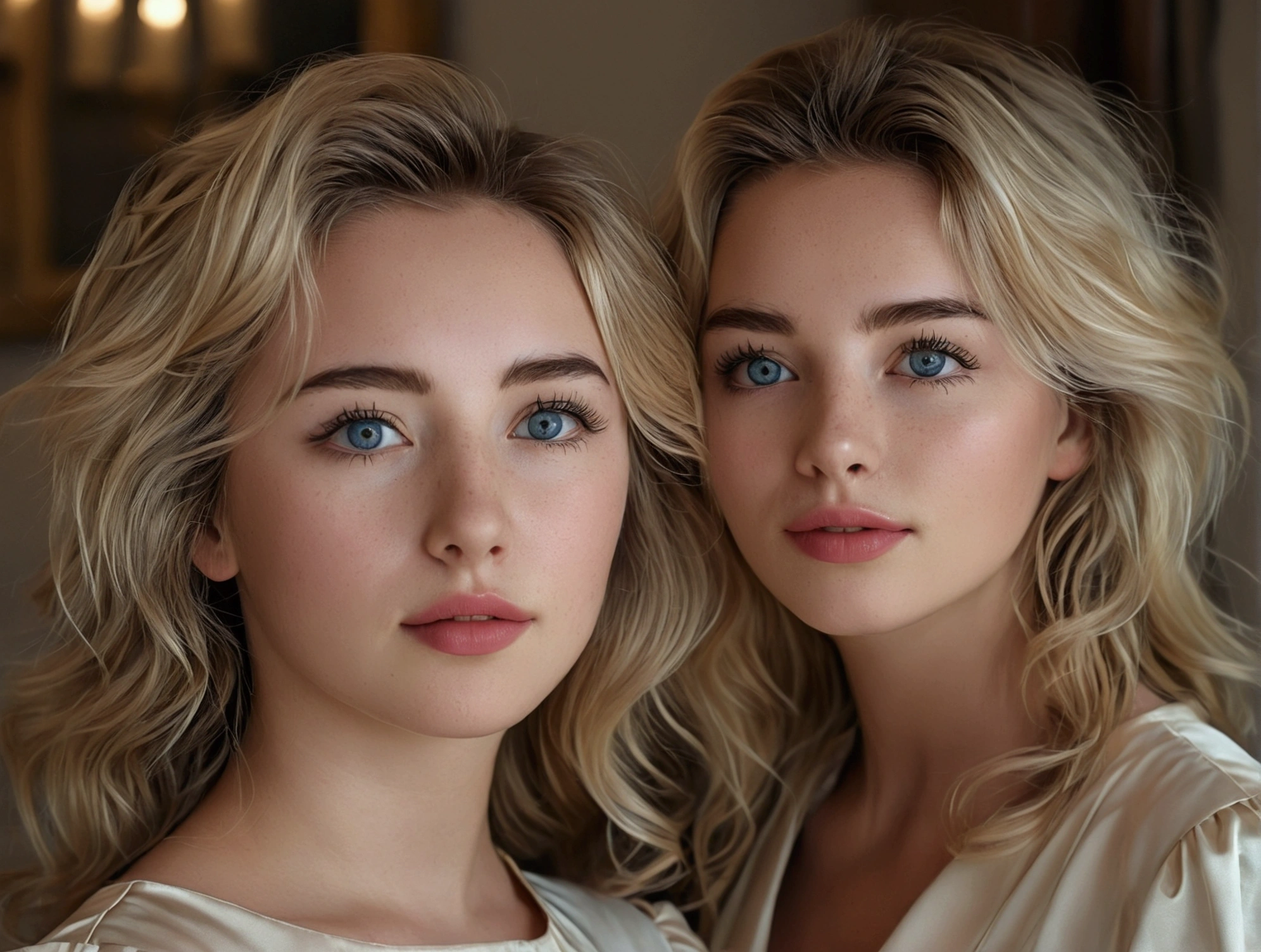 (Best Quality,realist),(2girls 25 years old:1.1,),(detailed eyes), (detailed lips), (long eyelashes), (standing, Whole body, executive dress)(portrait),( Soft lighting), (natural colors)
