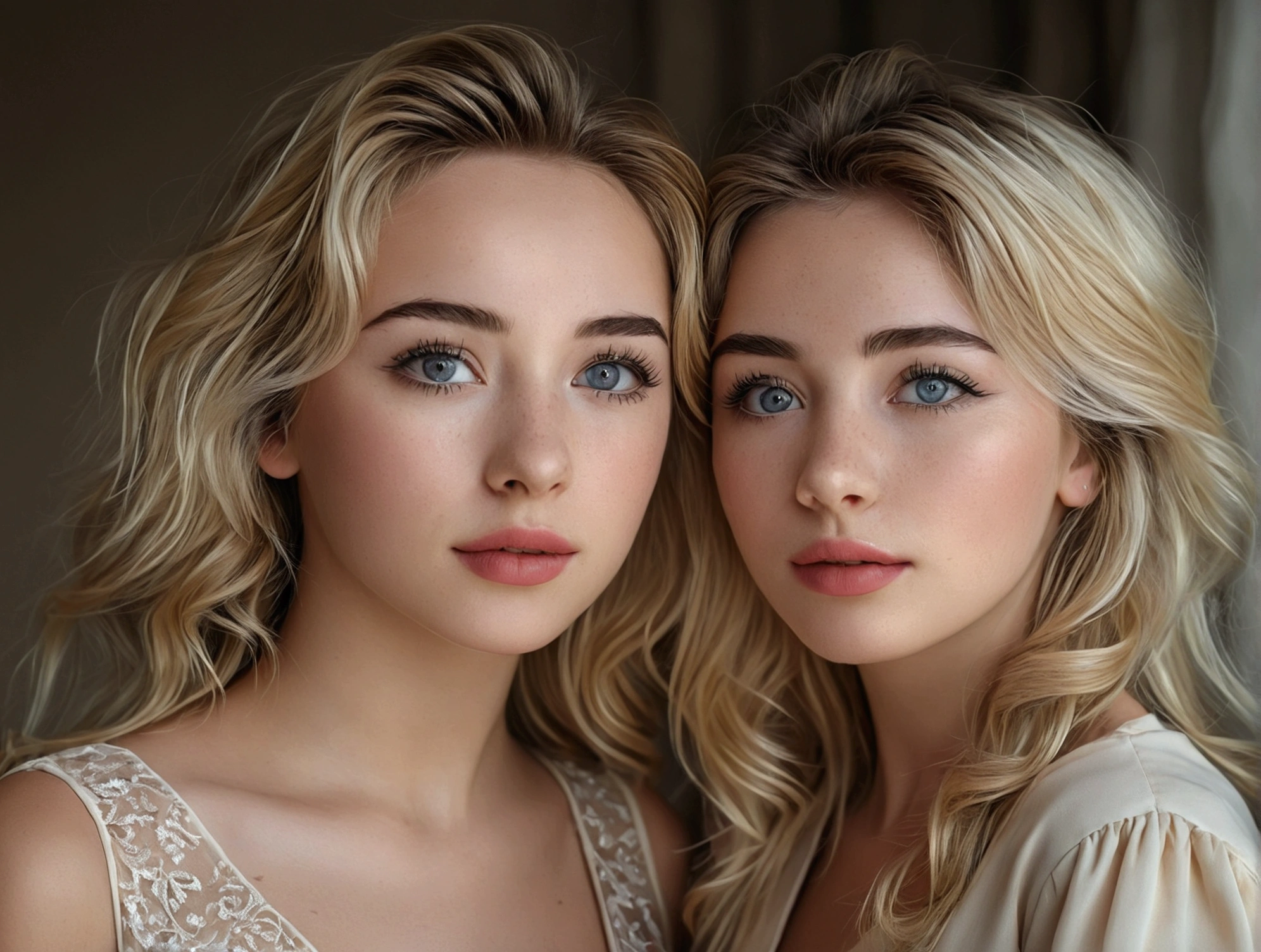 (Best Quality,realist),(2girls 25 years old:1.1,),(detailed eyes), (detailed lips), (long eyelashes), (standing, Whole body, executive dress)(portrait),( Soft lighting), (natural colors)