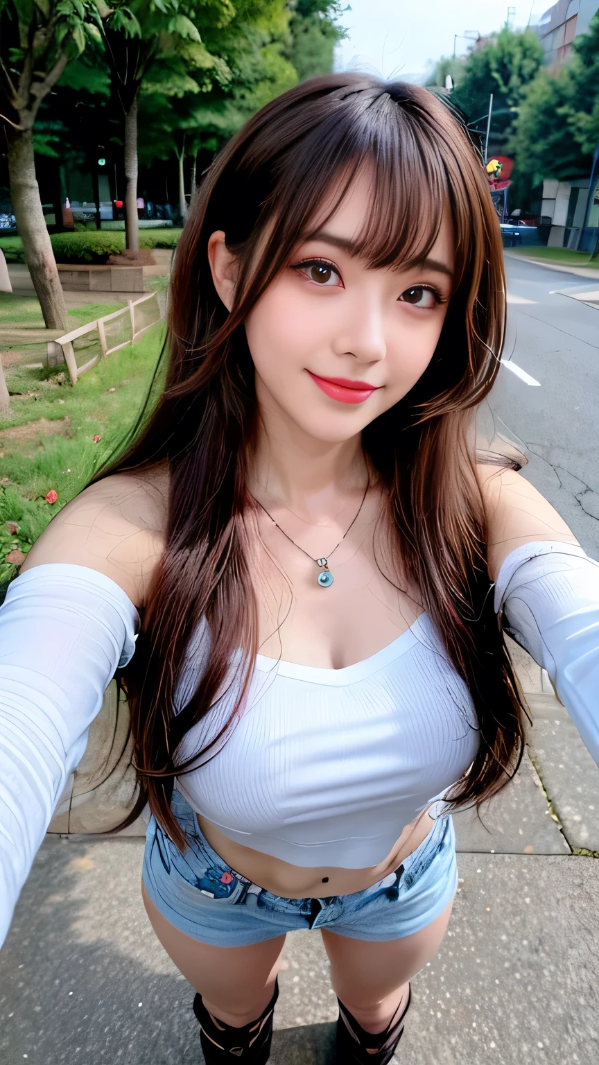 seed;88117315,((Full Body Angle))、((Front hair:1.3))、((Highest quality, 8k, masterpiece: 1.3)), concentrated: 1.2, Cute girl 1,Nipples erect、 Perfect beauty: 1.4,Summer off-the-shoulder cropped T-shirt、Letter Print、Shorts: 1.2,Long sleeve、Randall Color、comics&Text Graphics、Black ruffle-trimmed drawstring zip blouse,1.1, Highly detailed face and skin textures, Fine grain, double eyelid, whitening skin, ,Highest quality,Ultra-high resolution,you,1 girl,alone,_Shiny_skin,Iris,necklace,((brown_length_Wavy_hair)),(lips)),eyelash,Front hair,deal with,compensate,Shiny,pore,skin,Large Breasts、((smiling face))、stroll、Selfie、
