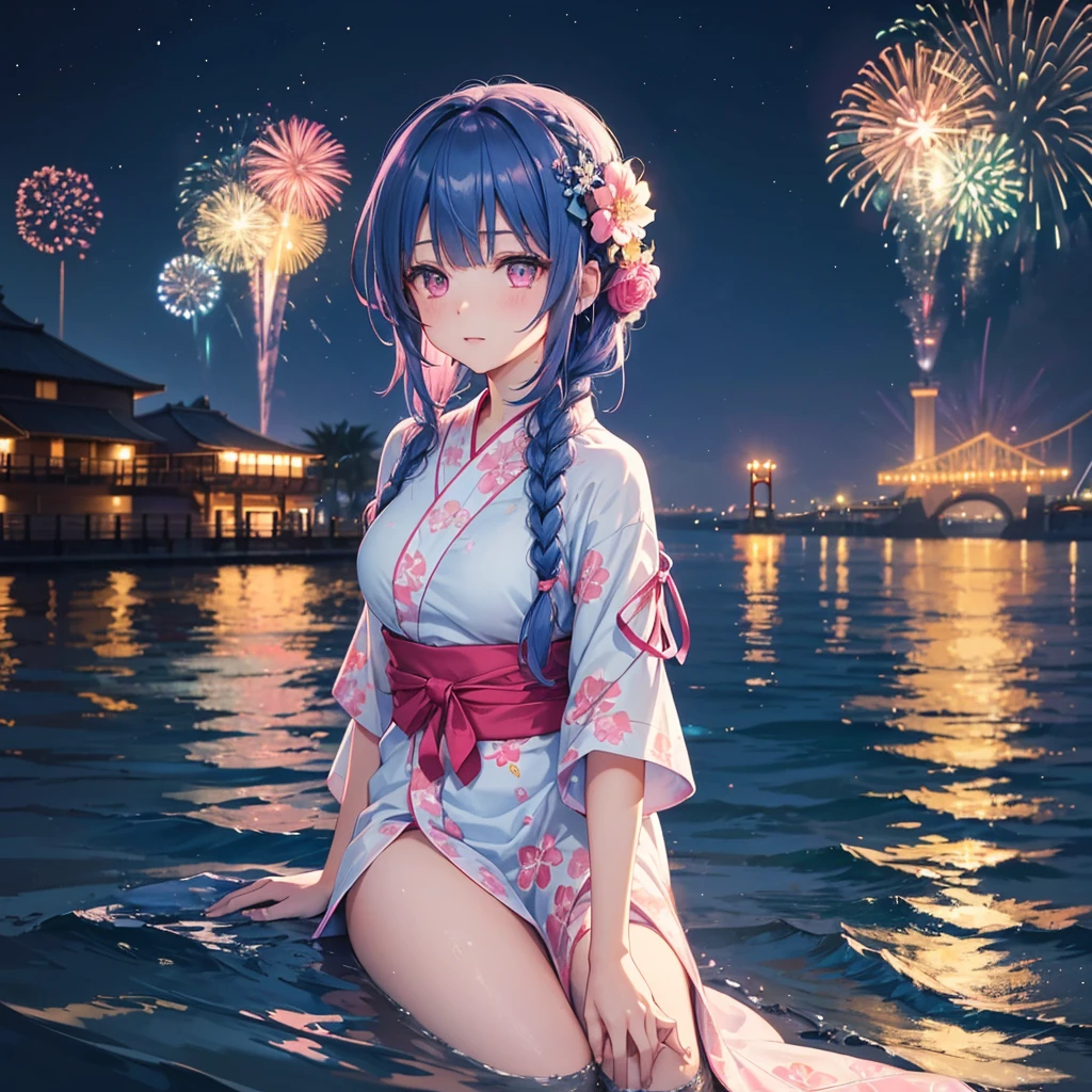 (Sky Blue Medium Hair:1.2), (Braided Hair),(Pink Eyes),Fair skin ,(whole body),(1 girl)、Floral Yukata、summer night、Extra-large fireworks filling the night sky、Huge fireworks launched from the sea、Watching the fireworks while sitting next to each other、Straight bangs,(masterpiece, Highest quality, Very detailed, Best Shadow), (Detailed Background), (Beautifully detailed face), High Contrast, (Best lighting, Very delicate and beautiful), ((Cinematic Light)), colorful, Hyper Detail 8k, Dramatic Light, Intricate details,Fireworks reflected on the water surface、