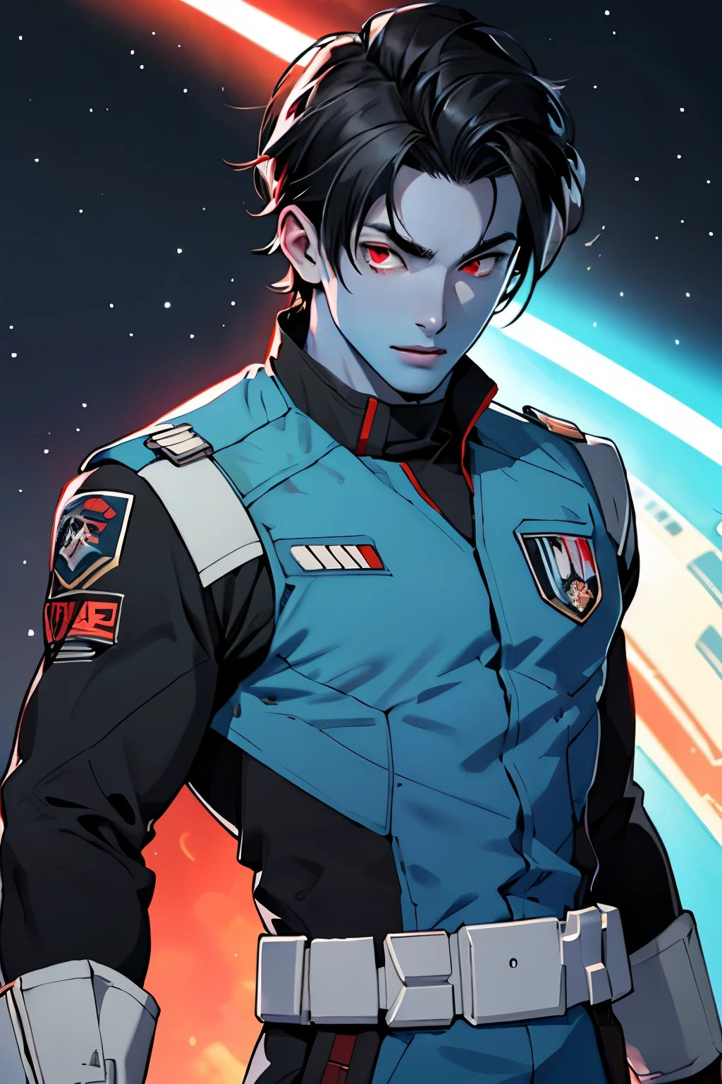 ((best quality)), ((masterpiece)), (detailed), Star wars, alien, race, Chiss, male, blue skin, red eyes, black hair, all black uniform