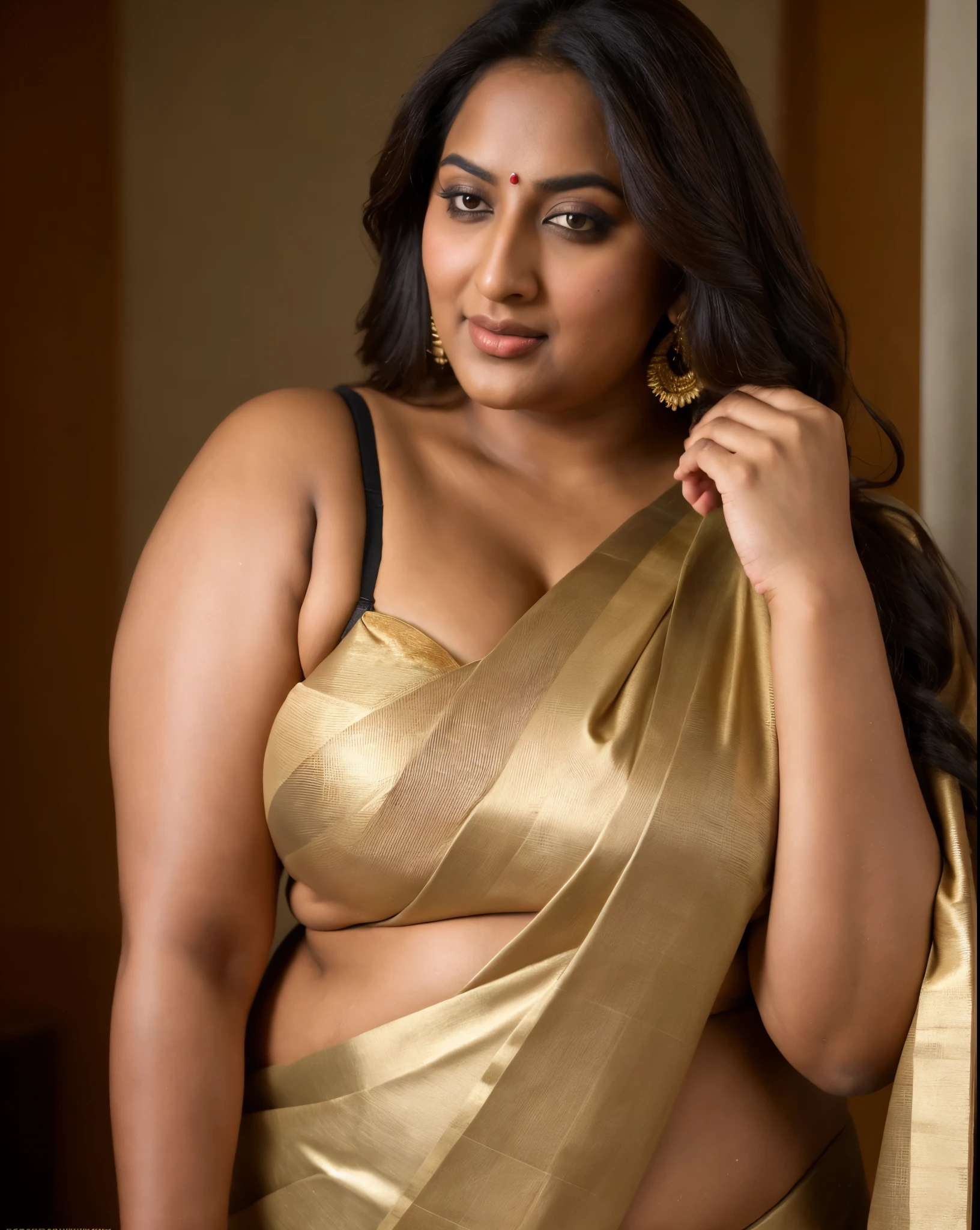 Foto RAW, photorealistic, photography, full body shot, master shot, perfect eyes, goddess like beauty, pierced eyes, perfect thick chubby mallu Desi aunty bhabhi, Full figured woman, juicy thick figure, bulky figure, curvy, fleshy curvy figure, voluptuous body, wide body, full figured aunty, Sexy navel folds, fleshy figure, heavy figure, Wearing a Stanapatta, a chest-band.Saree model, model Photography, Indian saree shoot, Indian traditional wear advertising photography, traditional wear brand shoot, face of Indian actress Sonakshi Sinha, masterpiece, realistic, realism, incredible details, pleasure, photorealism, detailed skin, skin pores, high contrast, photorealistic Artstation 8k HD digital art trend of high definition and detailed realistic skin texture, ultra detail, realistic skin texture, armature, best quality, ultra high definition, (photorealistic:1.4),, high resolution, detail, raw photo, sweat, Re sharp, by Lee Jefferies Nikon D850 Film Stock Photo 4 Kodak Portra 400 Camera F1.6 Lens Rich Color Ultra Real Realistic Realistic Textures Dramatic Lighting Unreal Engine Trending at Art Station Cinestill 800,(pele altamente detalhada: 1.2), 8k UHD, DSLR, soft-lighting, alta qualidade, grain of film, Fujifilm XT3,she didn't like to wear blouse or bra, She doesn't like to wear bra or blouse as it is against her traditional customs, wearing a Bra or blouse is against her forbidden in her tribes ritual, traditional no blouse saree, detailed hairy armpits, hyper realistic skin, skin pores, sweat, visible veins on the body, lifelike texture, aesthetic,