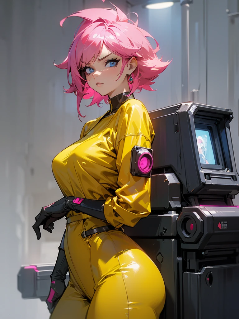 Mature woman with serious look, Facial Focus, big pink hair, shining blue eyes, wearing a mustard yellow jumpsuit, breasts big, looking 35 years old, eye on the spectator, look to the camera, , the background is a cyberpunk battlefield, Free hands, thick-thighs, ((look ahead)), Masterpiece artwork, Cyberpunk war scenario, shooting machines
