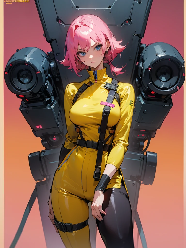 Mature woman with serious look, Facial Focus, big pink hair, shining blue eyes, wearing a mustard yellow jumpsuit, breasts big, looking 35 years old, eye on the spectator, look to the camera, , the background is a cyberpunk battlefield, Free hands, thick-thighs, ((look ahead)), Masterpiece artwork, Cyberpunk war scenario, shooting machines
