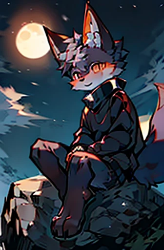 Three-tailed fox, mascle, in a black sweater, sitting on a rock with a big moon in the background