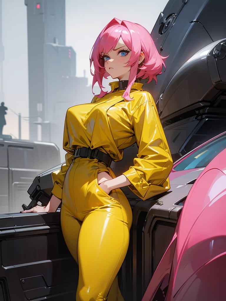 Mature woman with serious look, Facial Focus, big pink hair, shining blue eyes, wearing a mustard yellow jumpsuit, breasts big, looking 35 years old, eye on the spectator, look to the camera, , the background is a cyberpunk battlefield, Free hands, thick-thighs, ((look ahead)), Masterpiece artwork,
