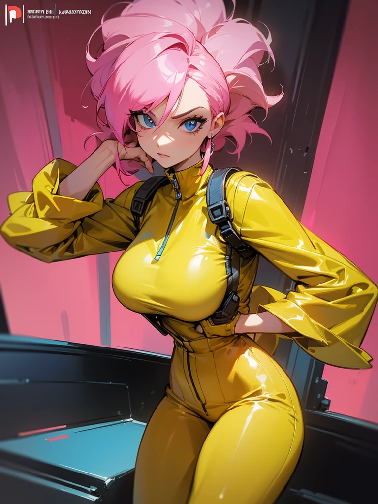 Mature woman with serious look, Facial Focus, big pink hair, shining blue eyes, wearing a mustard yellow jumpsuit, breasts big, looking 35 years old, eye on the spectator, look to the camera, , the background is a cyberpunk battlefield, Free hands, thick-thighs, ((look ahead)), Masterpiece artwork,
