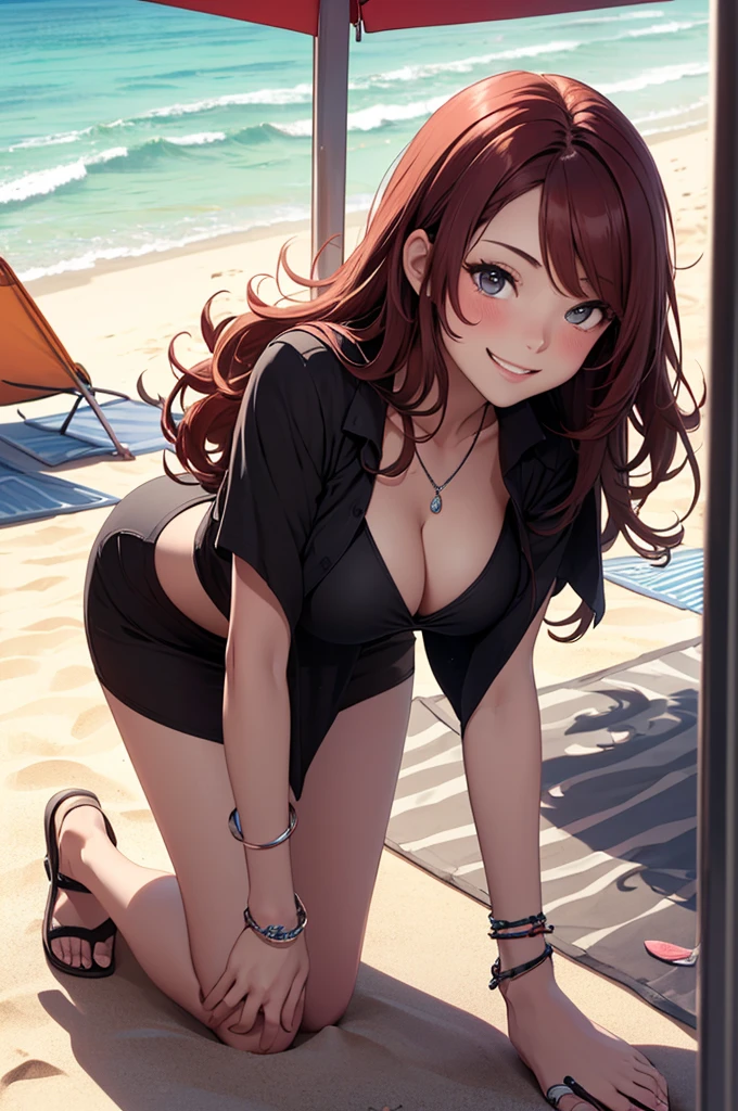 ((masterpiece, best quality, ultra-detailed)), 1girl, beautiful woman on the beach leaning forward, smiling, blush, wearing black beach bra and maxi pencil beach skirt, midriff, cleavage, necklace, bracelet, sandals, wavy red hair, summer, beach