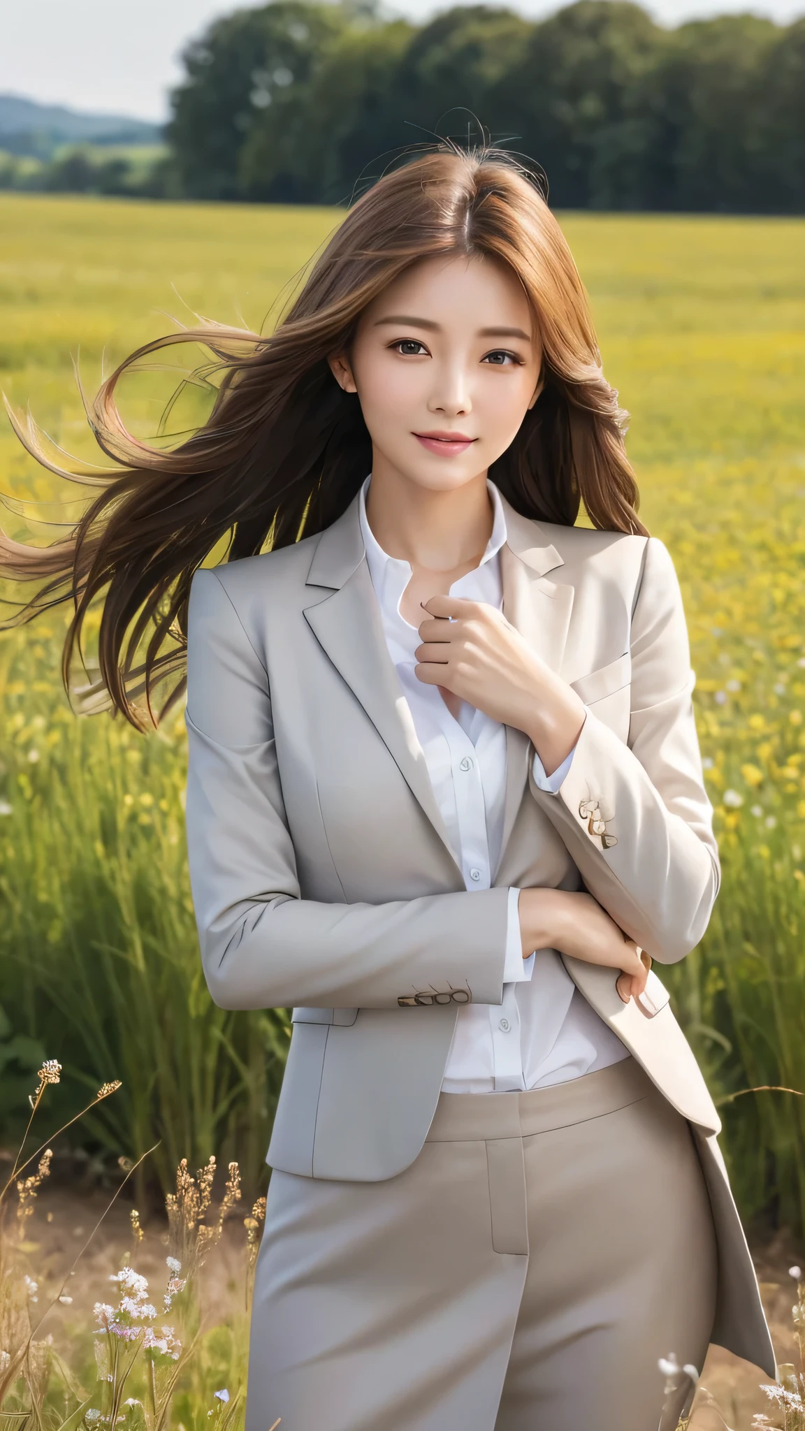 highest quality、genuine、Super detailed、finely、High resolution、8k wallpaper、one beautiful woman、、、light brown disheveled hair、wearing a business suit、sharp focus、perfect dynamic composition、beautiful and detailed eyes、thin hair、Detailed genuine skin texture、smile、model body shape、In a windswept meadow