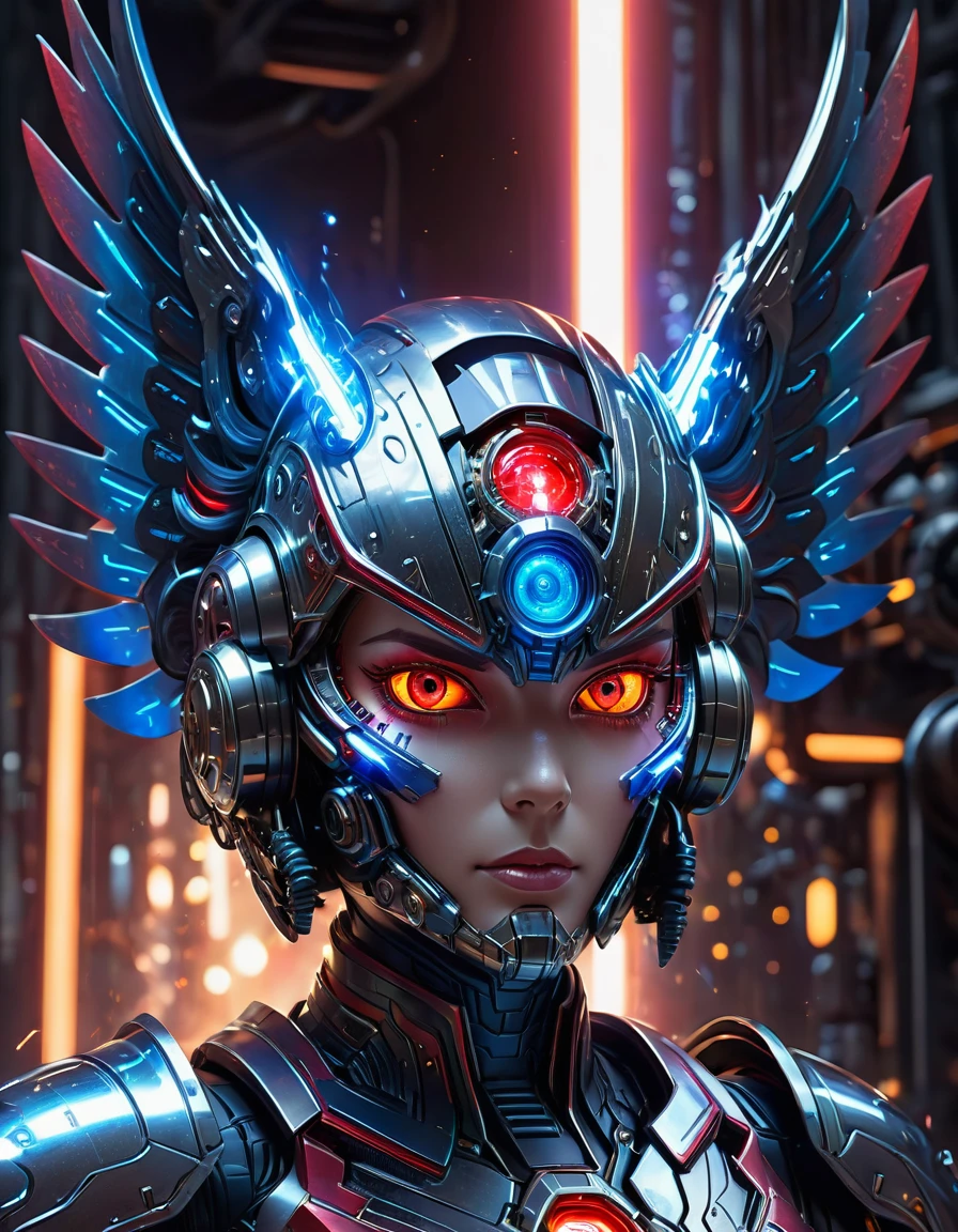 (Best quality, 8k, A high resolution, tmasterpiece:1.2), (Ultra-detailed), (Cybertron futuristic mechanical Star-Lord from Marvel Comics), full bodyesbian, dreamy glow,luminous neon lights,High-tech mechanical parts,Metal armor and wings,Metal heads and pecks,Metal helmet,Extremely cool,Metal legs,Bionic eye,Detailed futuristic design,sharp beak,hovers in mid-air,Electric blue and red,Vivid glowing eyes,Reflective metal surface,Interlocking mechanical gears,Dynamic and stylish design,motion blur effect,meticulous craftsmanship,Sci-fi atmosphere,Streamlined aerodynamic shape,Laser scanning pattern,holographic projections,Light-emitting circuit lines,hauntingly beautiful,Otherworldly precision,Advanced sensors,Complex algorithms,Ominous and mysterious atmosphere,electric sparks,Shiny chrome plating,Futuristic propulsion system,solo,Medium shot,concept-art, Fantasy theme,voluminetric lighting, Global illumination, Reflection, hyper HD,The light is bright,RGB colors,vibrant with colors, mecha musume,McCorg gear
