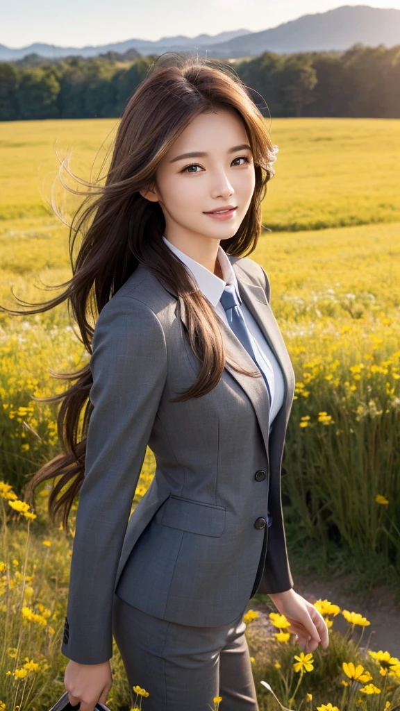 highest quality、genuine、Super detailed、finely、High resolution、8k wallpaper、one beautiful woman、、、light brown disheveled hair、wearing a business suit、sharp focus、perfect dynamic composition、beautiful and detailed eyes、thin hair、Detailed genuine skin texture、smile、model body shape、In a windswept meadow