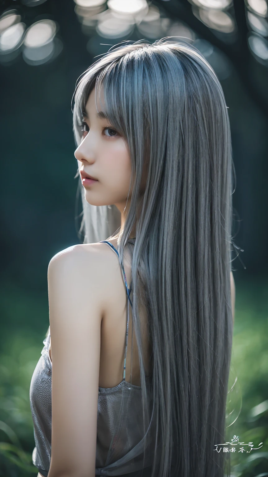 masterpiece, high quality, High resolution, 8k, (alone:1.2), ((One girl)), Japanese women, Detailed face, Detailed eyes, Correct body structure, Upper Body, ((Gray Hair:1.2)), Very long hair, Messy Hair, Slender body, Captivating silhouette, Glowing Bones, Depth of written boundary, Nighttime dark photos, It&#39;s dim, bangs, Cinema Lighting, Tyndall effect, Abstract background, Futuristic costume, Vibrant colors, Modern Style, Wide sleeves, artistic, Unique Pattern, colorful, stylish, trend、(((Volumizing Breasts 1.9))) 、 (Micro Bikini 1.4)、(Saggy breasts 1.4), (Valley 1.5)、