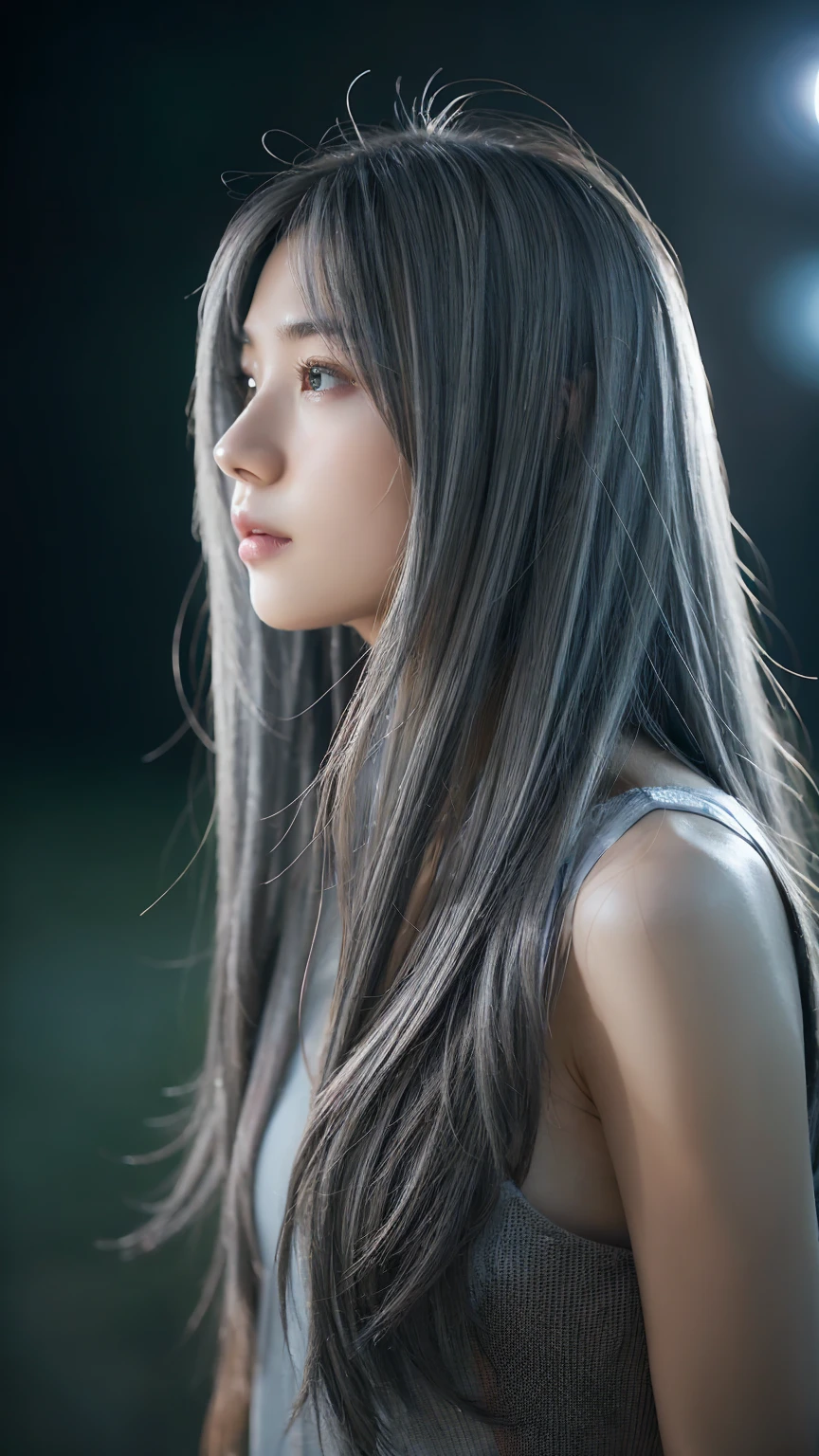 masterpiece, high quality, High resolution, 8k, (alone:1.2), ((One girl)), Japanese women, Detailed face, Detailed eyes, Correct body structure, Upper Body, ((Gray Hair:1.2)), Very long hair, Messy Hair, Slender body, Captivating silhouette, Glowing Bones, Depth of written boundary, Nighttime dark photos, It&#39;s dim, bangs, Cinema Lighting, Tyndall effect, Abstract background, Futuristic costume, Vibrant colors, Modern Style, Wide sleeves, artistic, Unique Pattern, colorful, stylish, trend、(((Volumizing Breasts 1.9))) 、 (Micro Bikini 1.4)、(Saggy breasts 1.4), (Valley 1.5)、