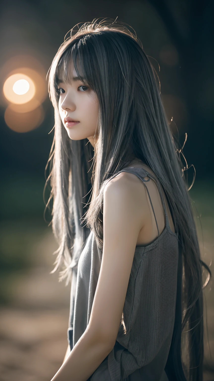 masterpiece, high quality, High resolution, 8k, (alone:1.2), ((One girl)), Japanese women, Detailed face, Detailed eyes, Correct body structure, Upper Body, ((Gray Hair:1.2)), Very long hair, Messy Hair, Slender body, Captivating silhouette, Glowing Bones, Depth of written boundary, Nighttime dark photos, It&#39;s dim, bangs, Cinema Lighting, Tyndall effect, Abstract background, Futuristic costume, Vibrant colors, Modern Style, Wide sleeves, artistic, Unique Pattern, colorful, stylish, trend、(((Volumizing Breasts 1.9))) 、 (Micro Bikini 1.4)、(Saggy breasts 1.4), (Valley 1.5)、