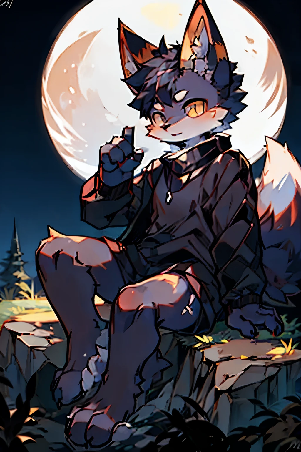 Three-tailed fox, mascle, in a black sweater, sitting on a rock with a big moon in the background