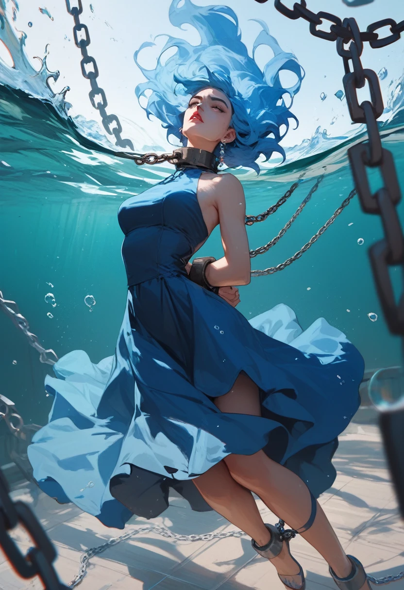 Painted woman, dark blue, and short light blue hair, mourning ,floating, water chain links bind your wrists, blue fur, water wing forms rounded edges on the shore . blue dress. Hands chained