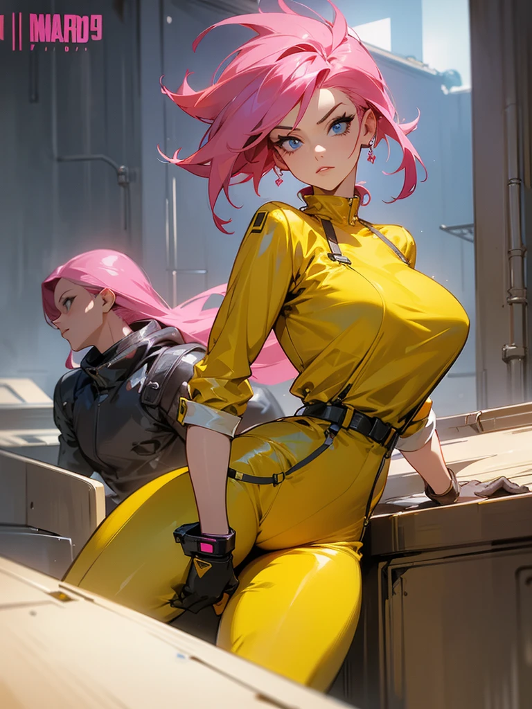 Mature woman with serious look, Facial Focus, big pink hair, shining blue eyes, wearing a mustard yellow jumpsuit, breasts big, looking 35 years old, eye on the spectator, look to the camera, , the background is a cyberpunk battlefield, Free hands, thick-thighs, ((look ahead)), Masterpiece artwork,