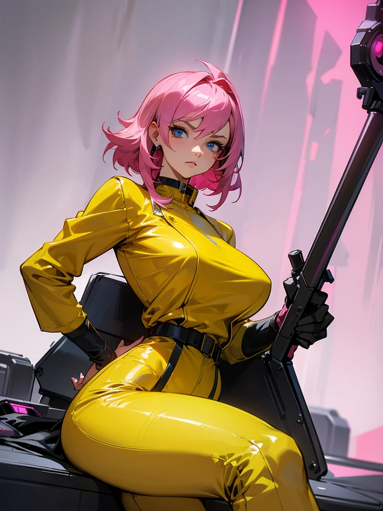 Mature woman with serious look, Facial Focus, big pink hair, shining blue eyes, wearing a mustard yellow jumpsuit, breasts big, looking 35 years old, eye on the spectator, look to the camera, , the background is a cyberpunk battlefield, Free hands, thick-thighs, ((look ahead)), Masterpiece artwork,