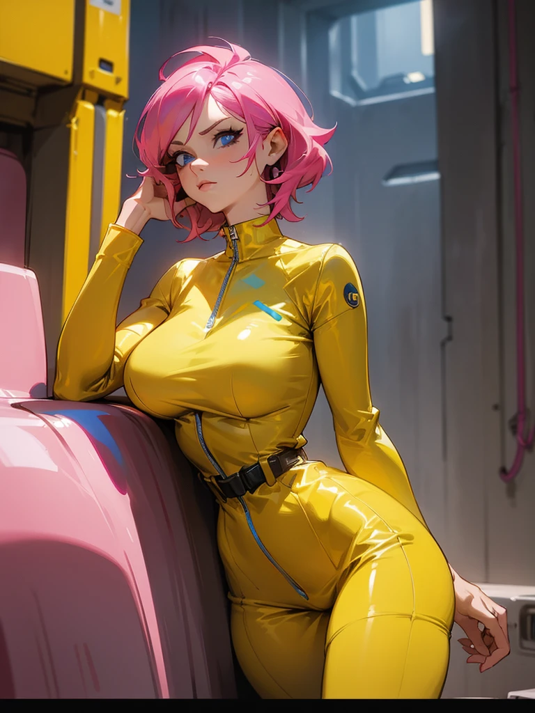 Mature woman with serious look, Facial Focus, big pink hair, shining blue eyes, wearing a mustard yellow jumpsuit, breasts big, looking 35 years old, eye on the spectator, look to the camera, , the background is a cyberpunk battlefield, Free hands, thick-thighs, ((look ahead)), Masterpiece artwork,