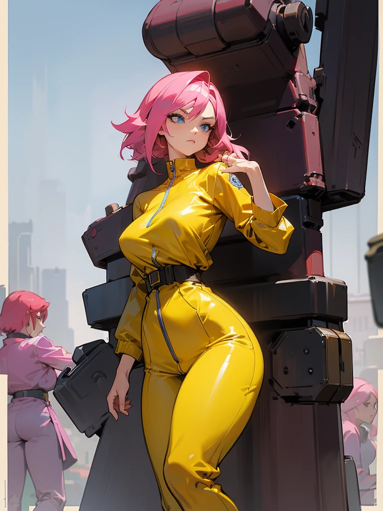 Mature woman with serious look, Facial Focus, big pink hair, shining blue eyes, wearing a mustard yellow jumpsuit, breasts big, looking 35 years old, eye on the spectator, look to the camera, , the background is a cyberpunk battlefield, Free hands, thick-thighs, ((look ahead)), Masterpiece artwork,
