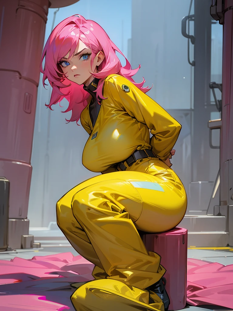 Mature woman with serious look, Facial Focus, big pink hair, shining blue eyes, wearing a mustard yellow jumpsuit, breasts big, looking 35 years old, eye on the spectator, look to the camera, , the background is a cyberpunk battlefield, Free hands, thick-thighs, ((look ahead)), Masterpiece artwork,
