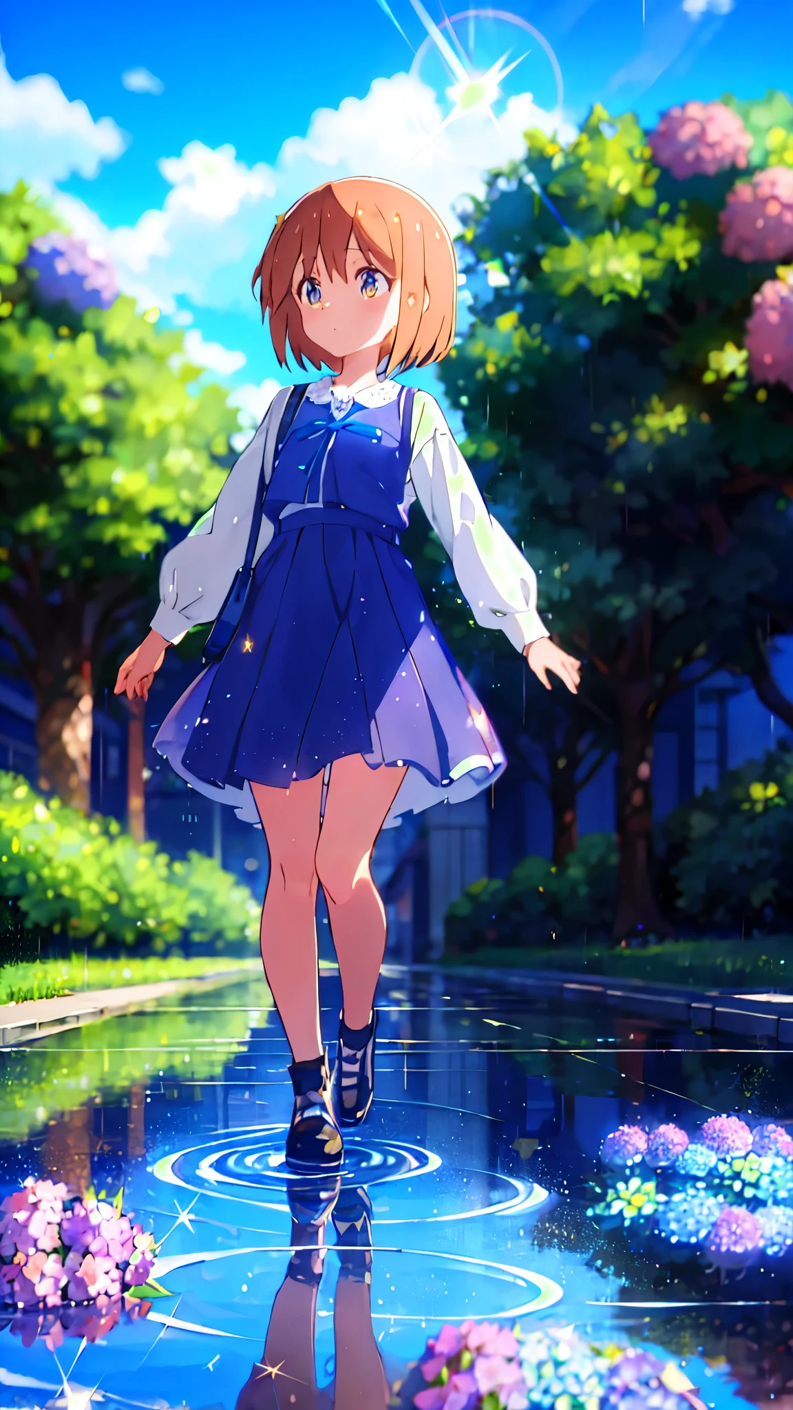 (solo), cute little (1girl) walking,path,[from below:1.2],sine short hair,puddle,Water Reflection,rain,floating water drop,hydrangea,(blurry foreground),dynamic angle,asphalt,(blue sky),lens flare,,(glitter:1.2)