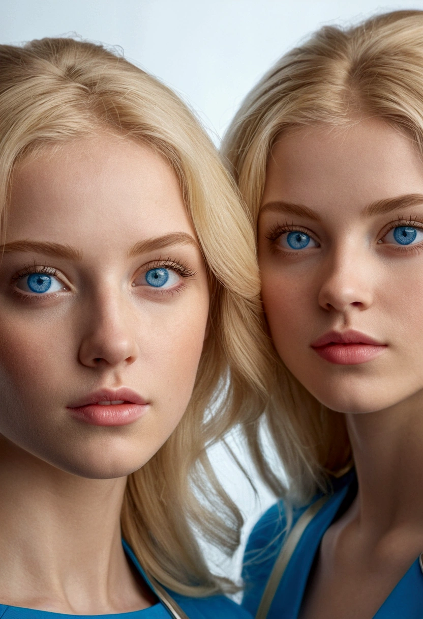 Blonde haired women with blue eyes posing for a photo., beautiful gemini twins portrait, beautiful faces, Ultra realistic faces, Ultra realistic faces, photorealistic faces, beautiful faces y realistas, High quality portrait, soft portrait 8k, beautiful gemini twins, accurate Ultra realistic faces, Realistic portrait photo, two girls, Extremely realistic faces, beautiful science fiction twins